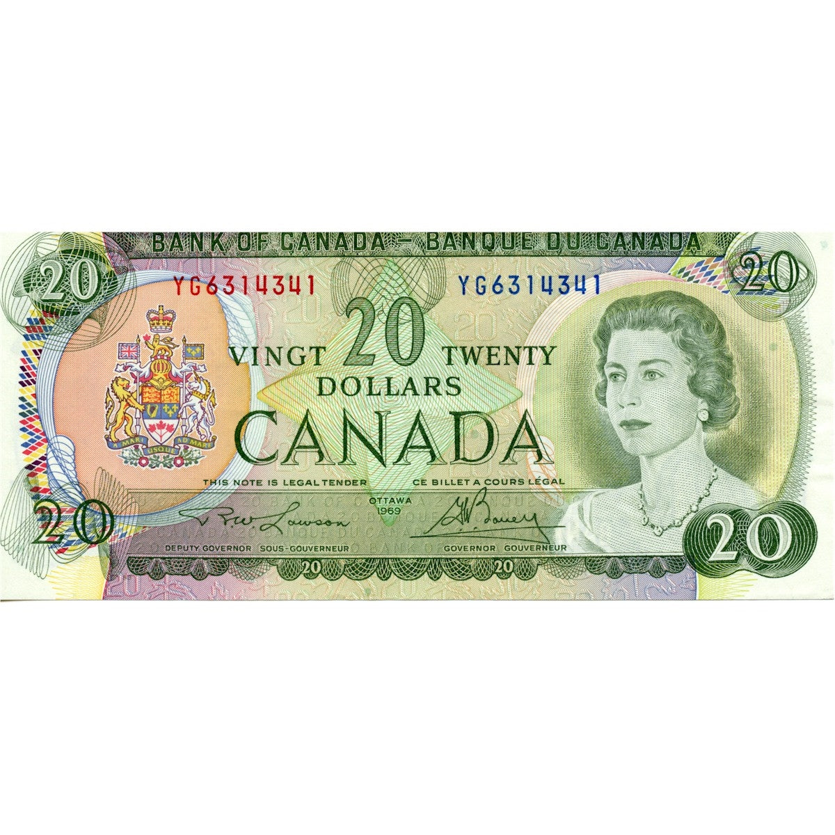 BC-50b 1969 Canada $20 Lawson-Bouey, YG, EF-AU (EF45)