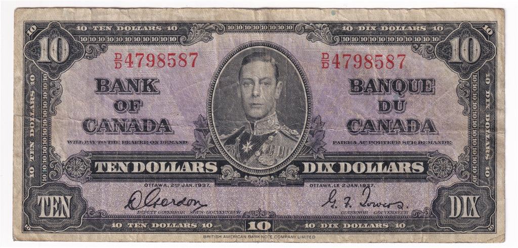 BC-24b 1937 Canada $10 Gordon-Towers, D/D, Circ