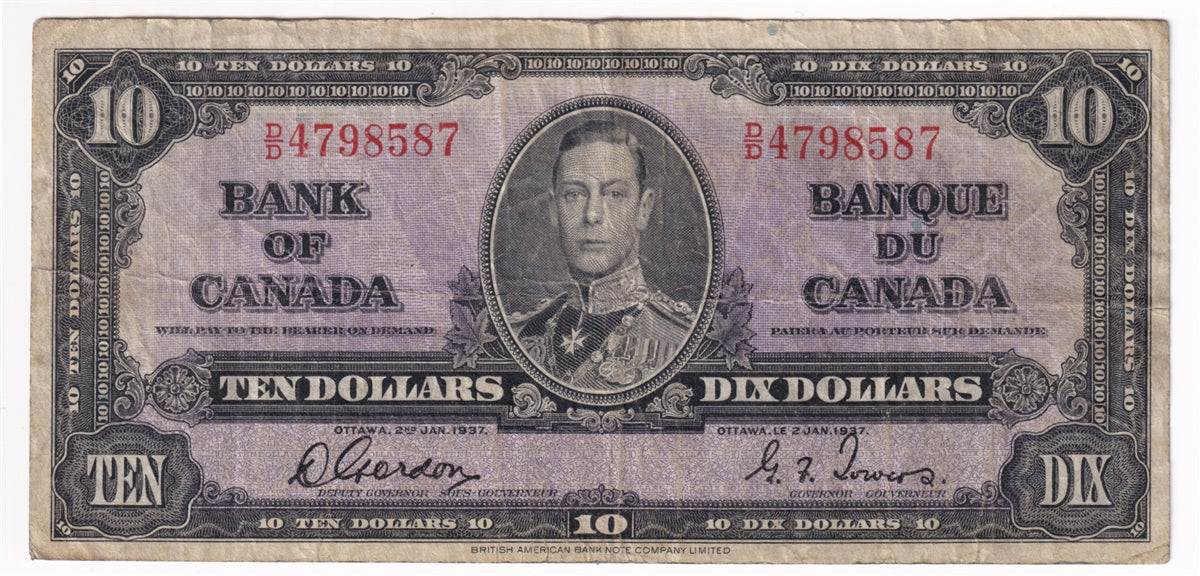 BC-24b 1937 Canada $10 Gordon-Towers, D/D, Circ