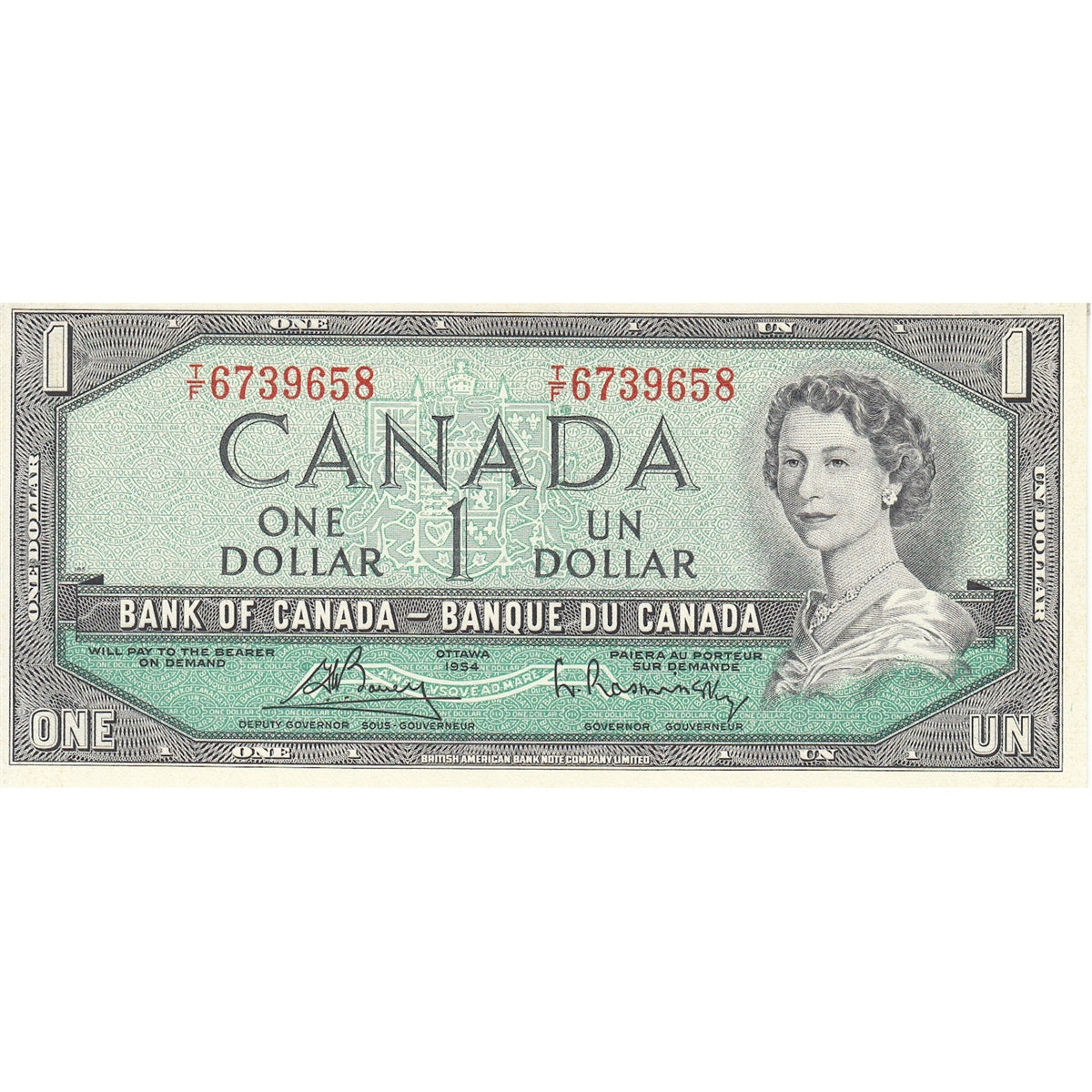 BC-37c 1954 Canada $1 Bouey-Rasminsky, T/F, Choice Uncirculated (CUNC63)