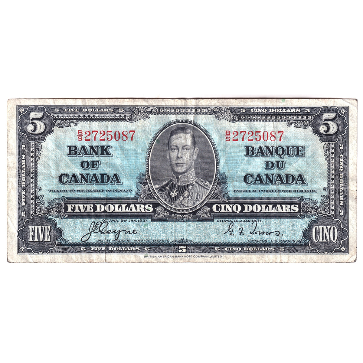 BC-23c 1937 Canada $5 Coyne-Towers, B/S, F-VF