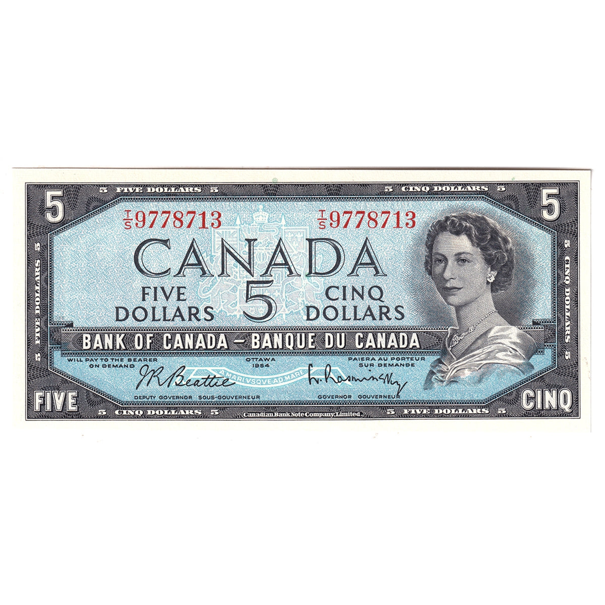 BC-39b 1954 Canada $5 Beattie-Rasminsky, T/S, Uncirculated (MS60)