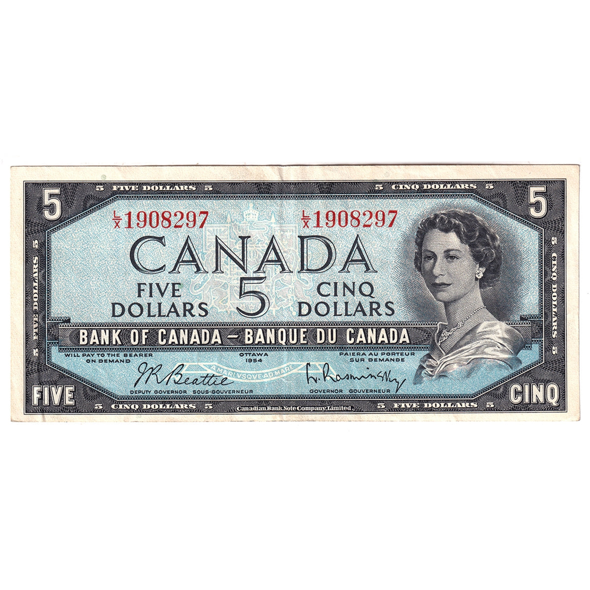 BC-39b 1954 Canada $5 Beattie-Rasminsky, L/X, VF-EF (VF30)