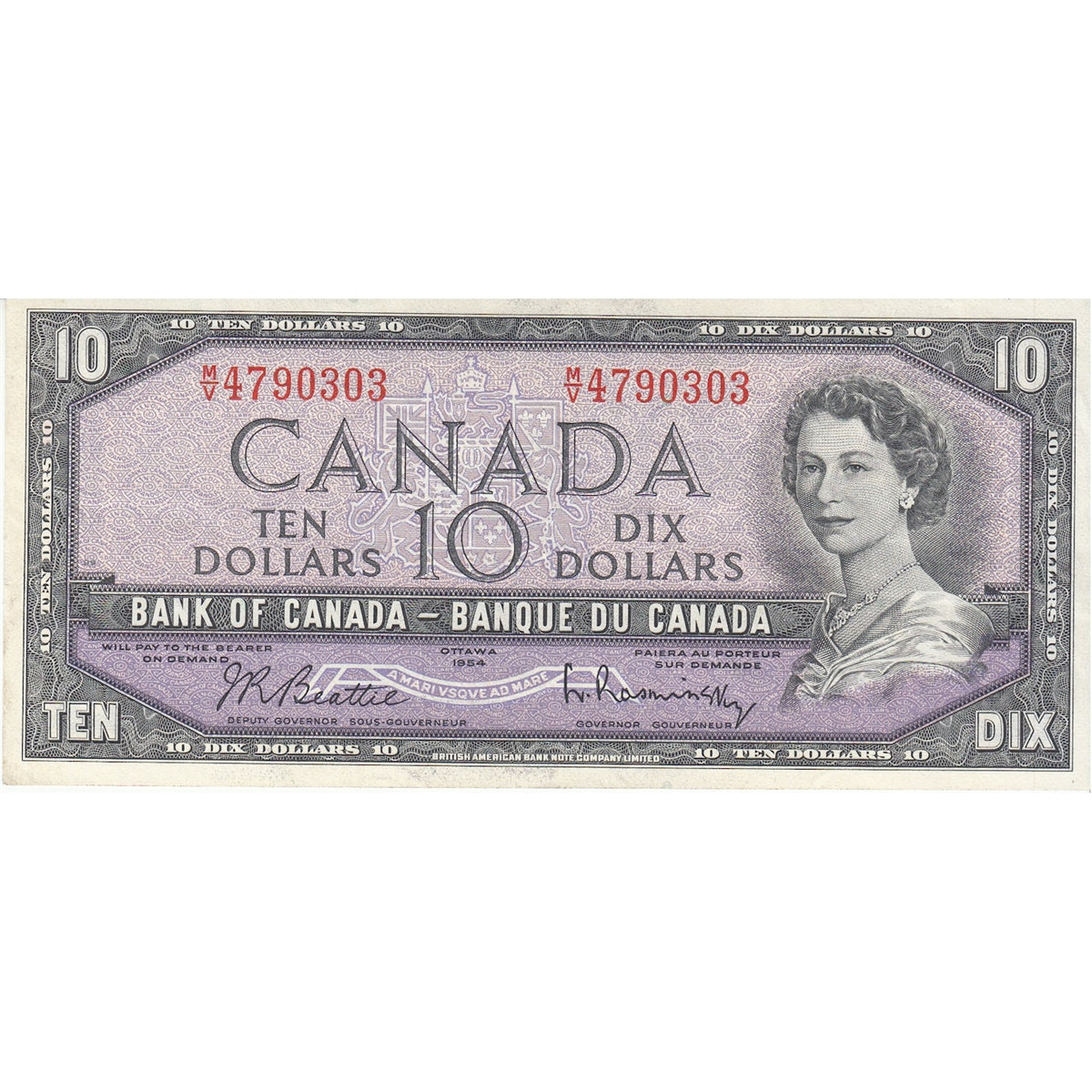 BC-40b 1954 Canada $10 Beattie-Rasminsky, M/V, Very Fine (VF20)