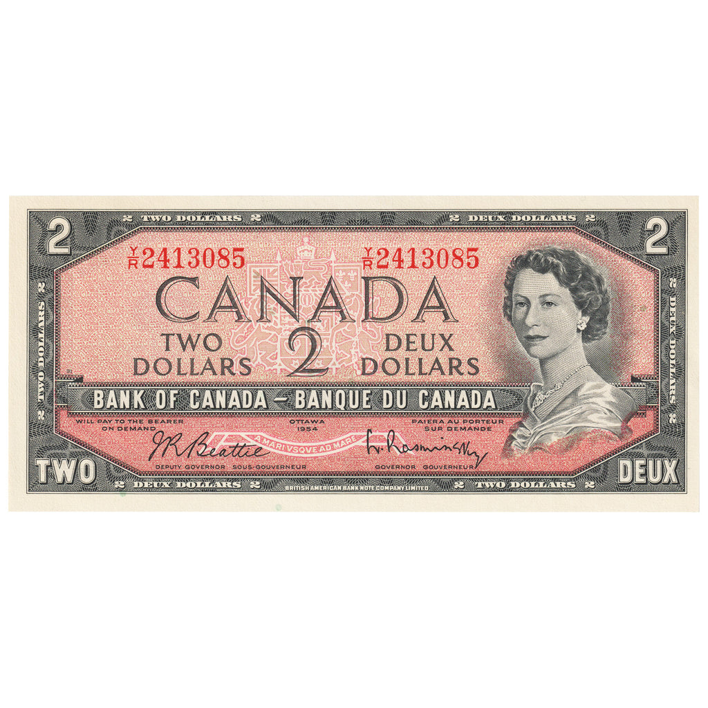 BC-38b 1954 Canada $2 Beattie-Rasminsky, Y/R, Uncirculated (MS60)