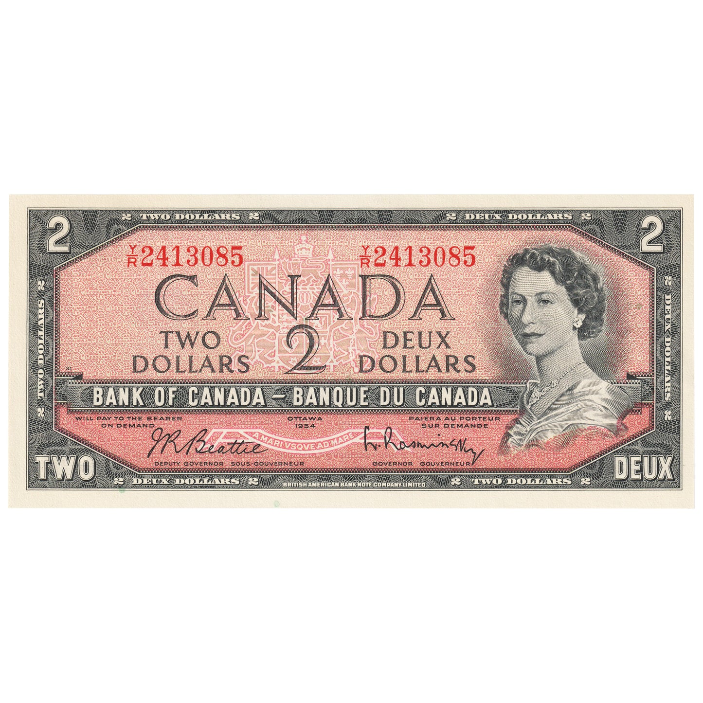 BC-38b 1954 Canada $2 Beattie-Rasminsky, Y/R, Uncirculated (MS60)