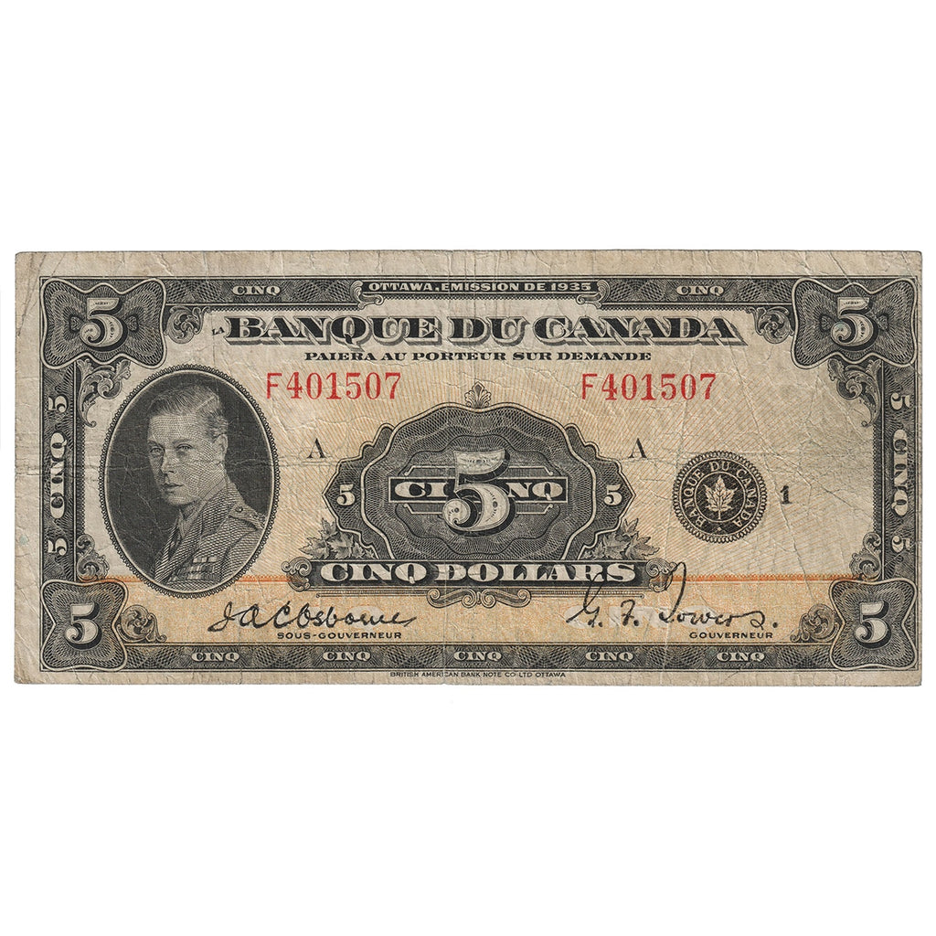 BC-6 1935 Canada $5 Osborne-Towers, French, Very Good (VG8)