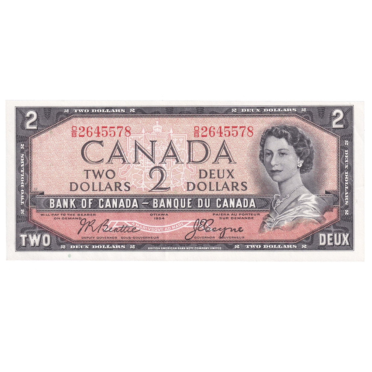 BC-38a 1954 Canada $2 Beattie-Coyne, O/B, Almost Uncirculated (AU50)