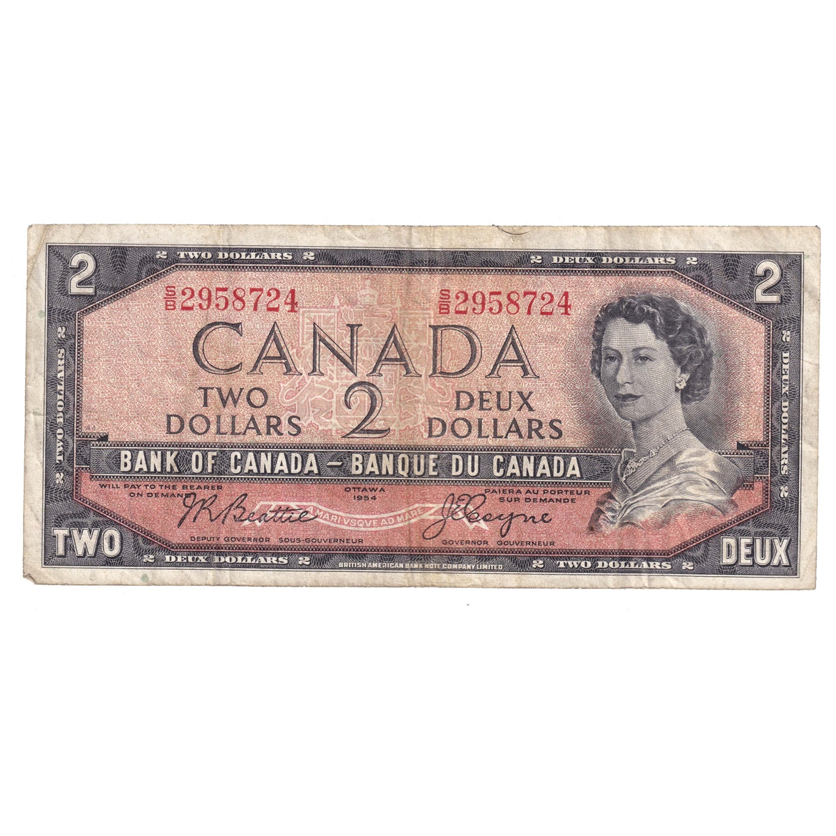 BC-38a 1954 Canada $2 Beattie-Coyne, S/B, F-VF (F15)