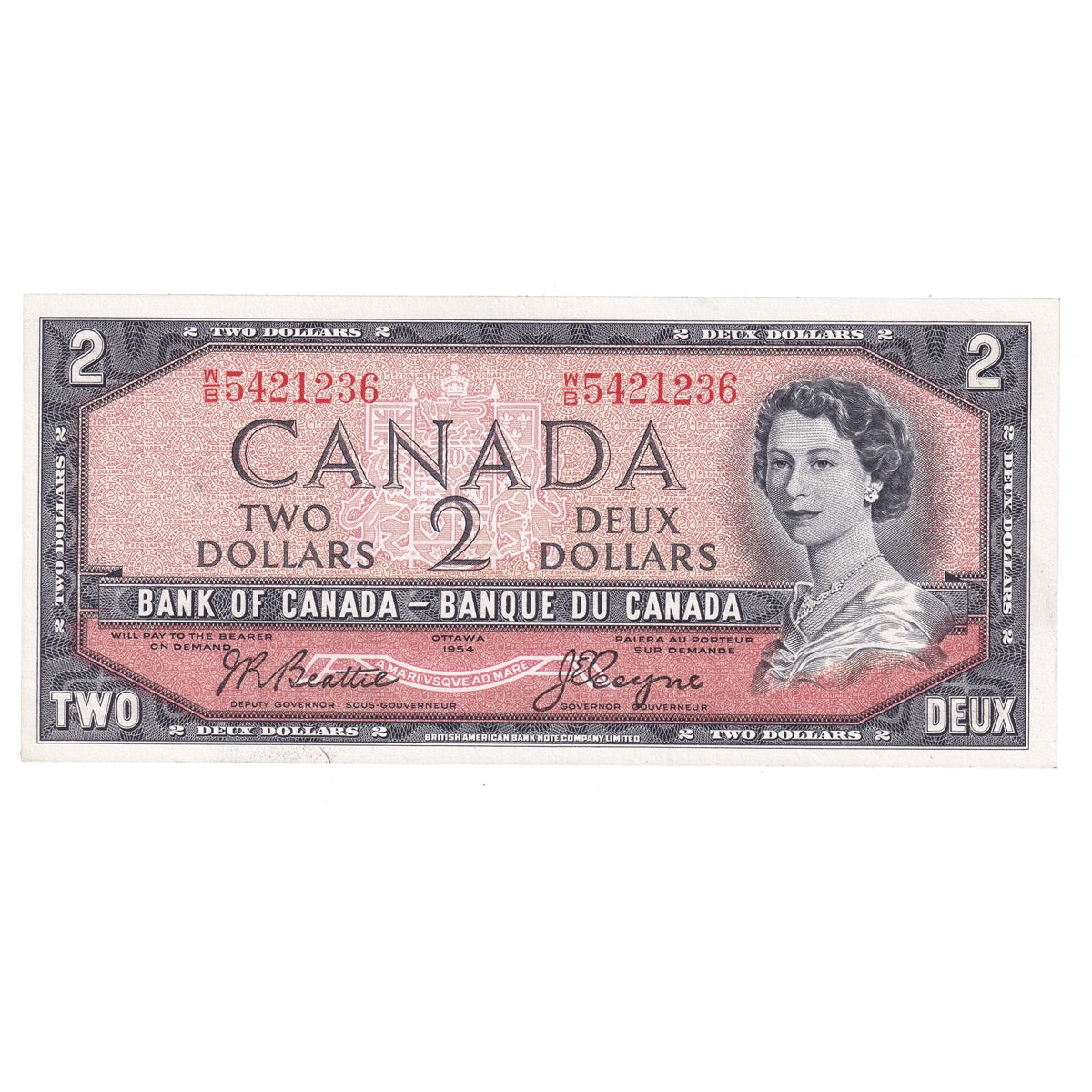 BC-38a 1954 Canada $2 Beattie-Coyne, W/B, Uncirculated (MS60)