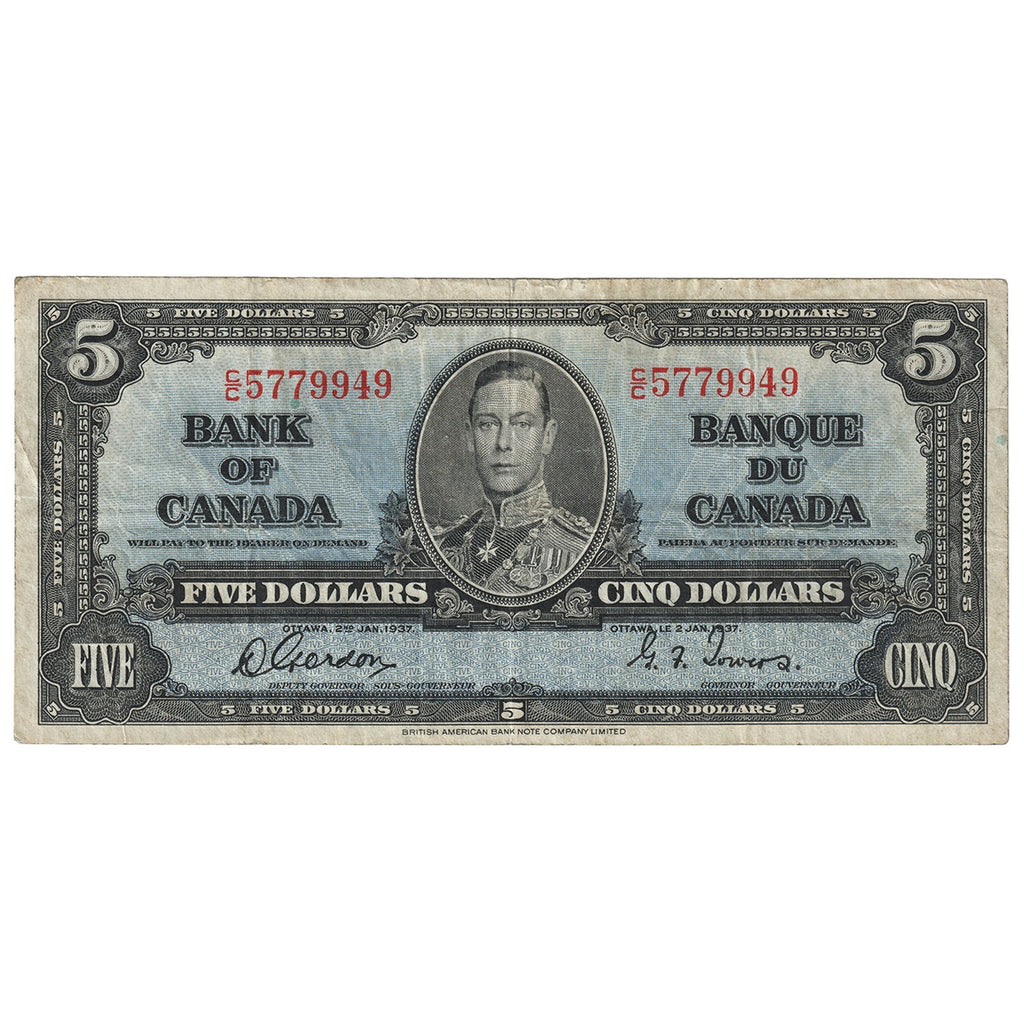BC-23b 1937 Canada $5 Gordon-Towers, C/C, F-VF (F15)