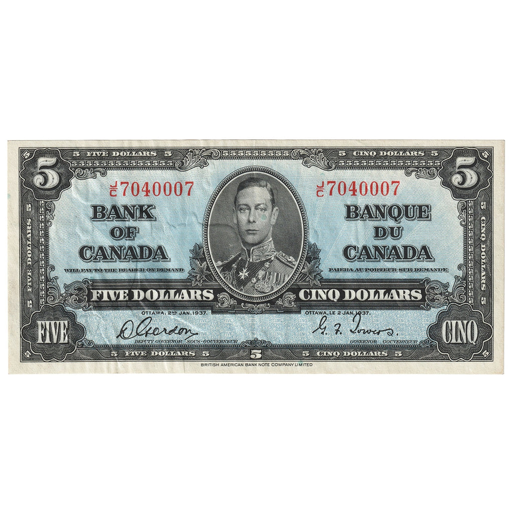 BC-23b 1937 Canada $5 Gordon-Towers, J/C, EF-AU (EF45)