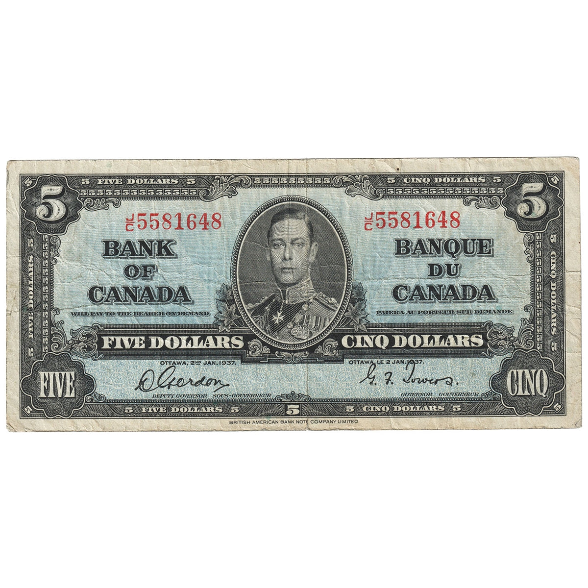BC-23b 1937 Canada $5 Gordon-Towers, J/C, Fine (F12)