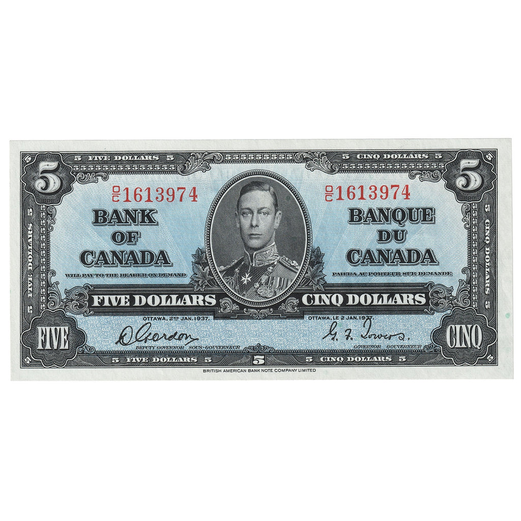 BC-23b 1937 Canada $5 Gordon-Towers, O/C, AU-UNC (AU55)