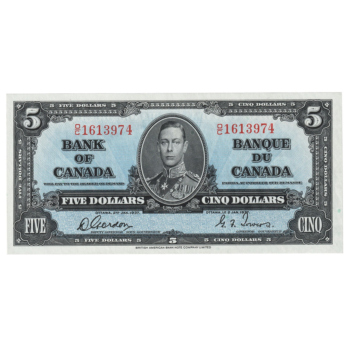 BC-23b 1937 Canada $5 Gordon-Towers, O/C, AU-UNC (AU55)