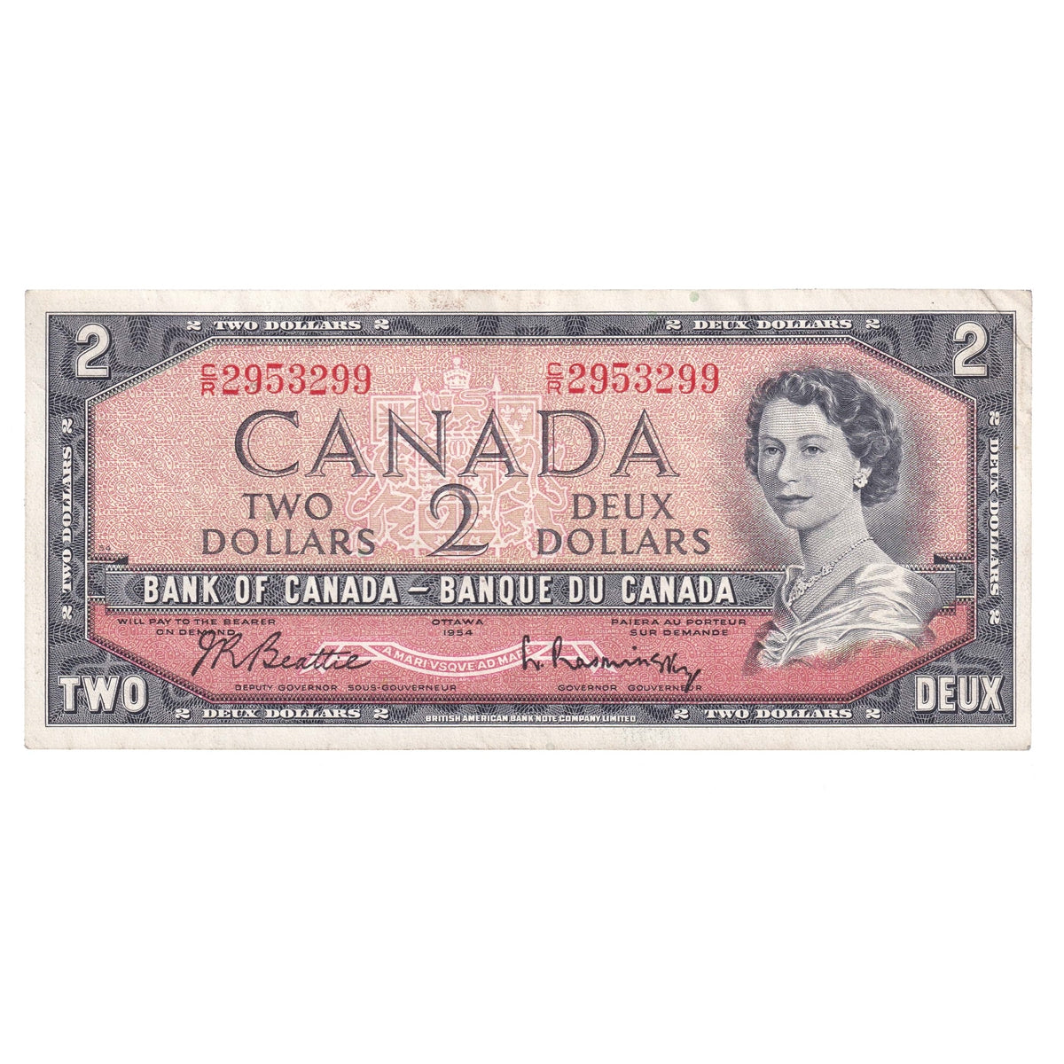 BC-38b 1954 Canada $2 Beattie-Rasminsky, C/R, VF-EF (VF30)