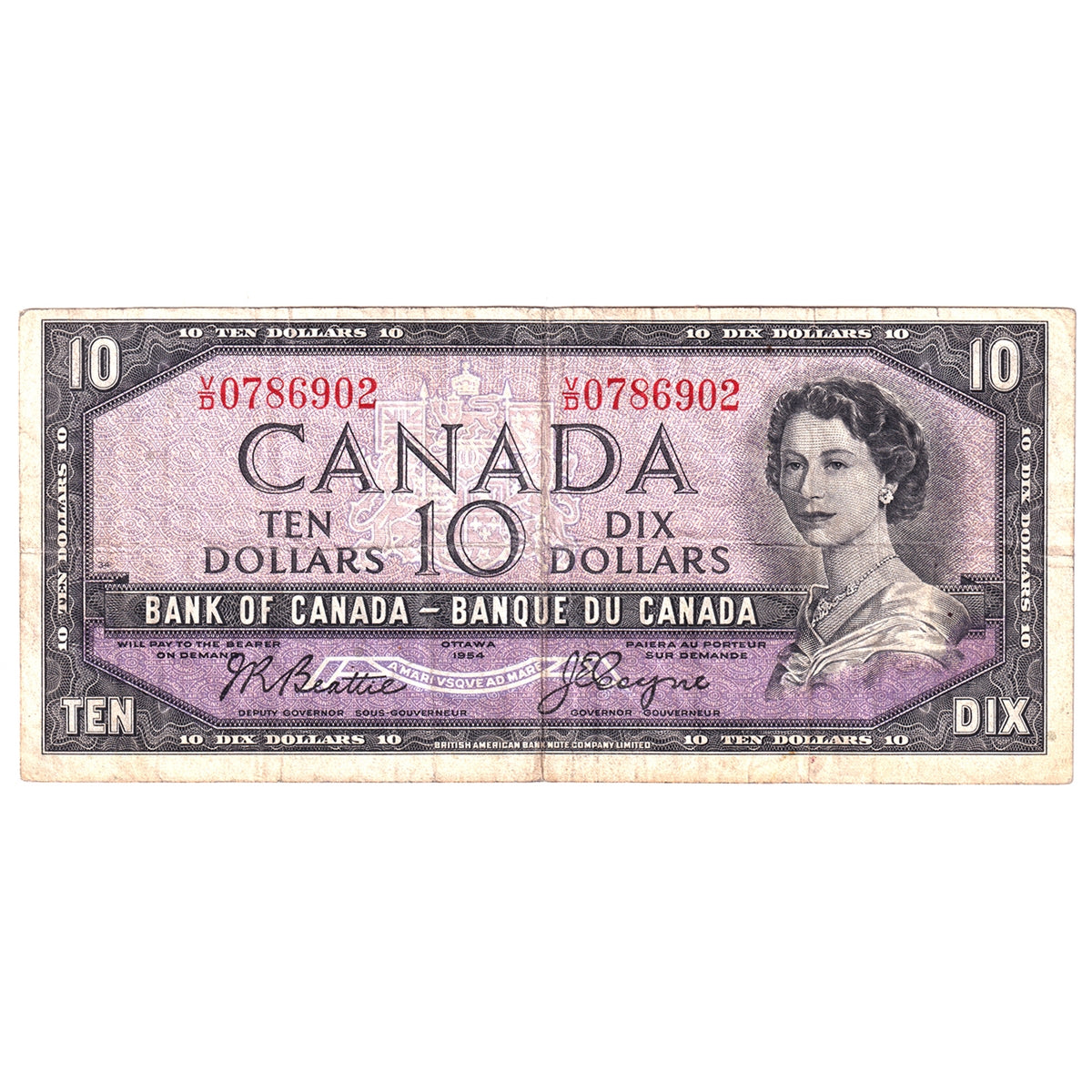 BC-40a 1954 Canada $10 Beattie-Coyne, V/D, Fine (F12)