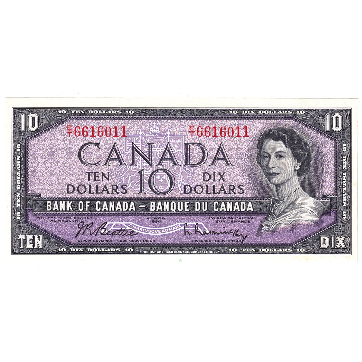 BC-40b 1954 Canada $10 Beattie-Rasminsky, E/T, Choice Uncirculated (CUNC63)
