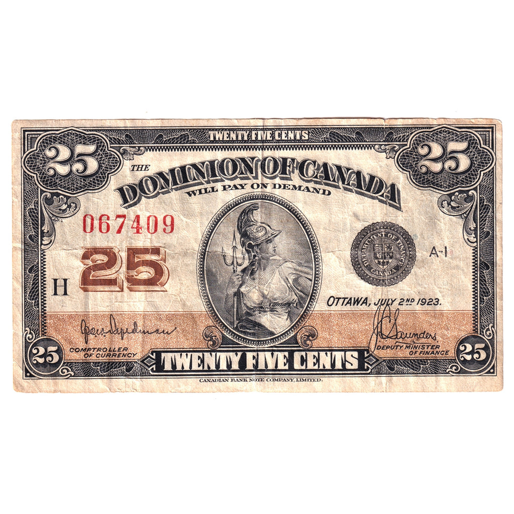 DC-24b 1923 Dominion 25 cent Shinplaster Hyndman-Saunders, No Authorized, Very Fine (VF20)