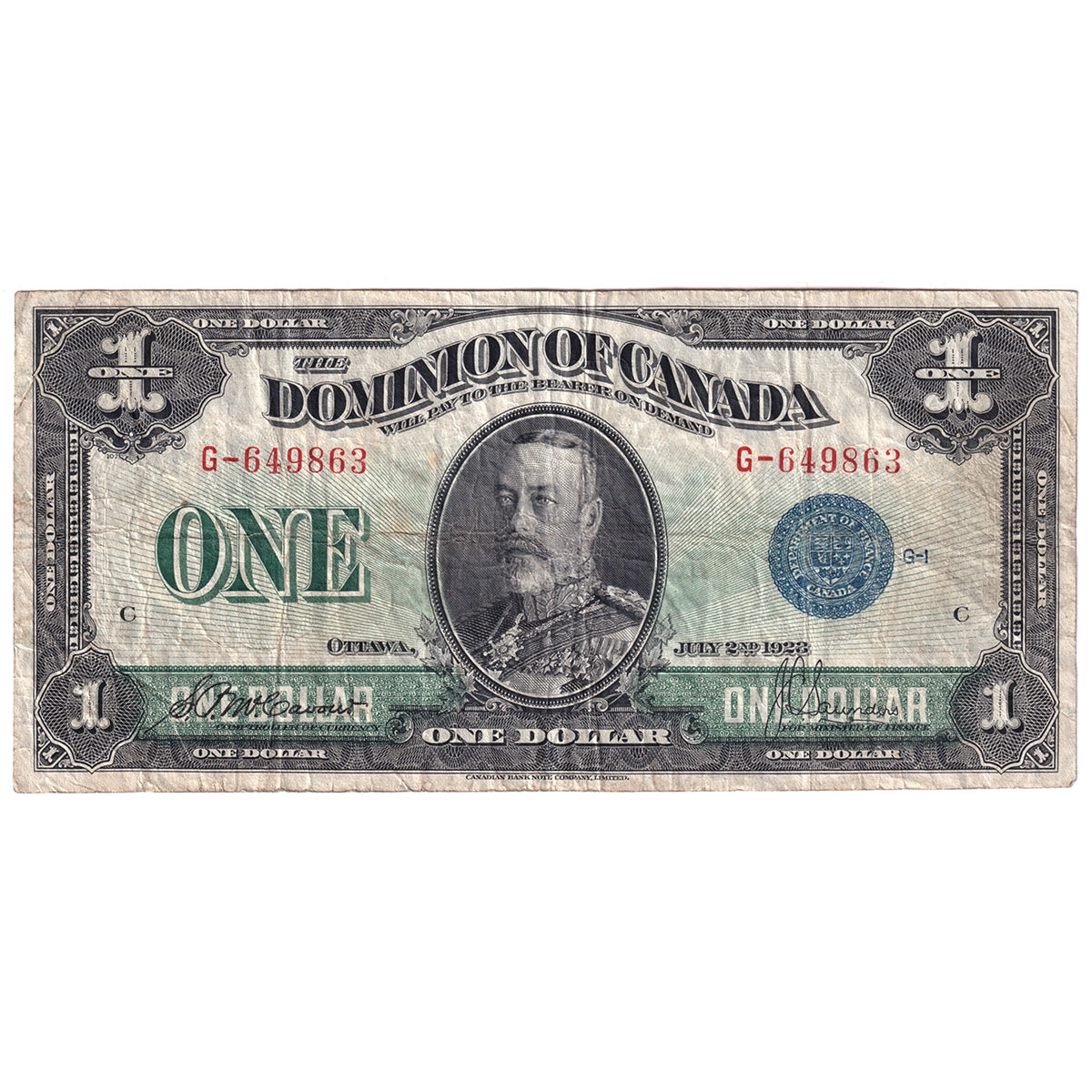 DC-25c 1923 Dominion $1 McCavour-Saunders, Blue Seal, Group 1, Very Fine (VF20)