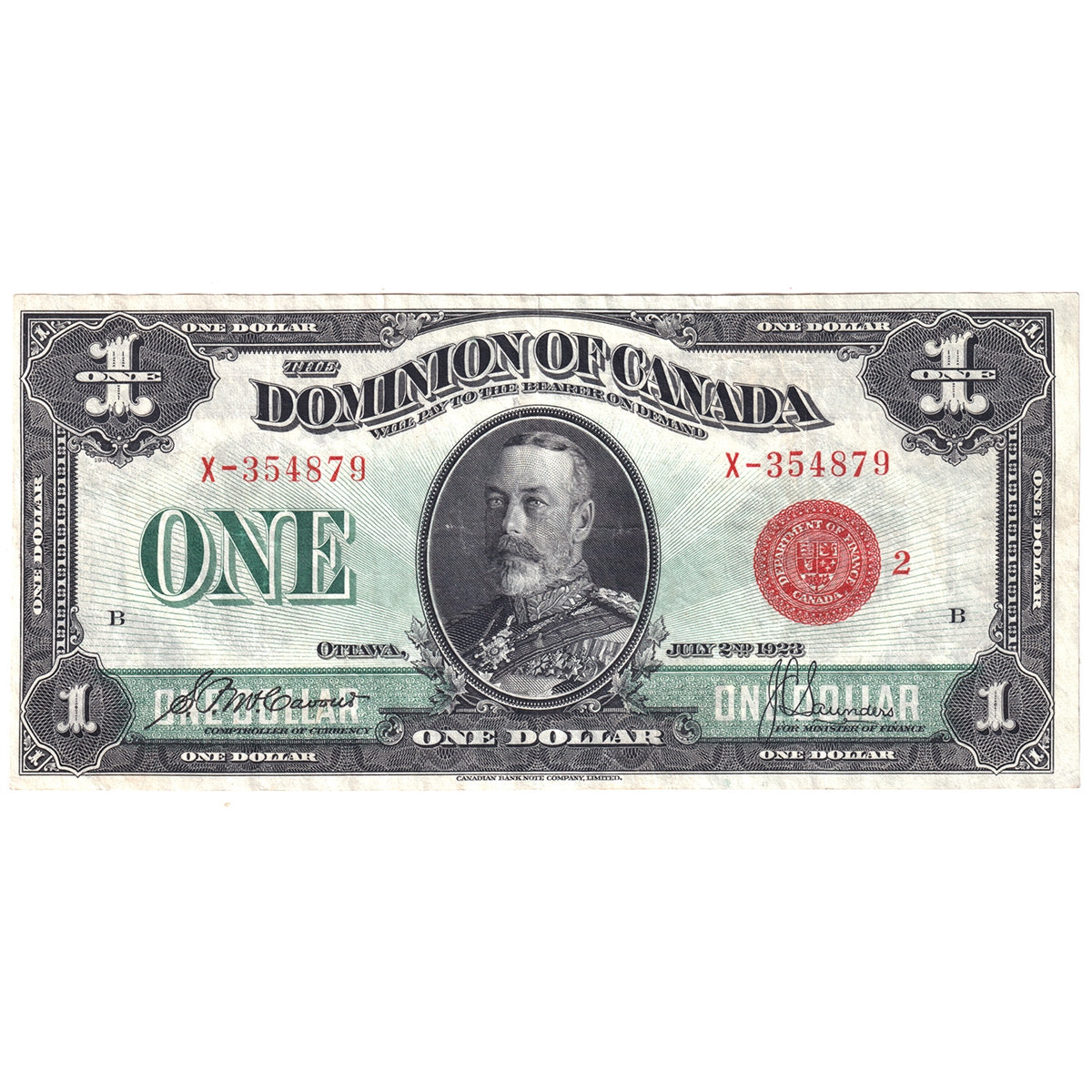 DC-25g 1923 Dominion $1 McCavour-Saunders, Red Seal, Group Two, Series X, Very Fine (VF20)