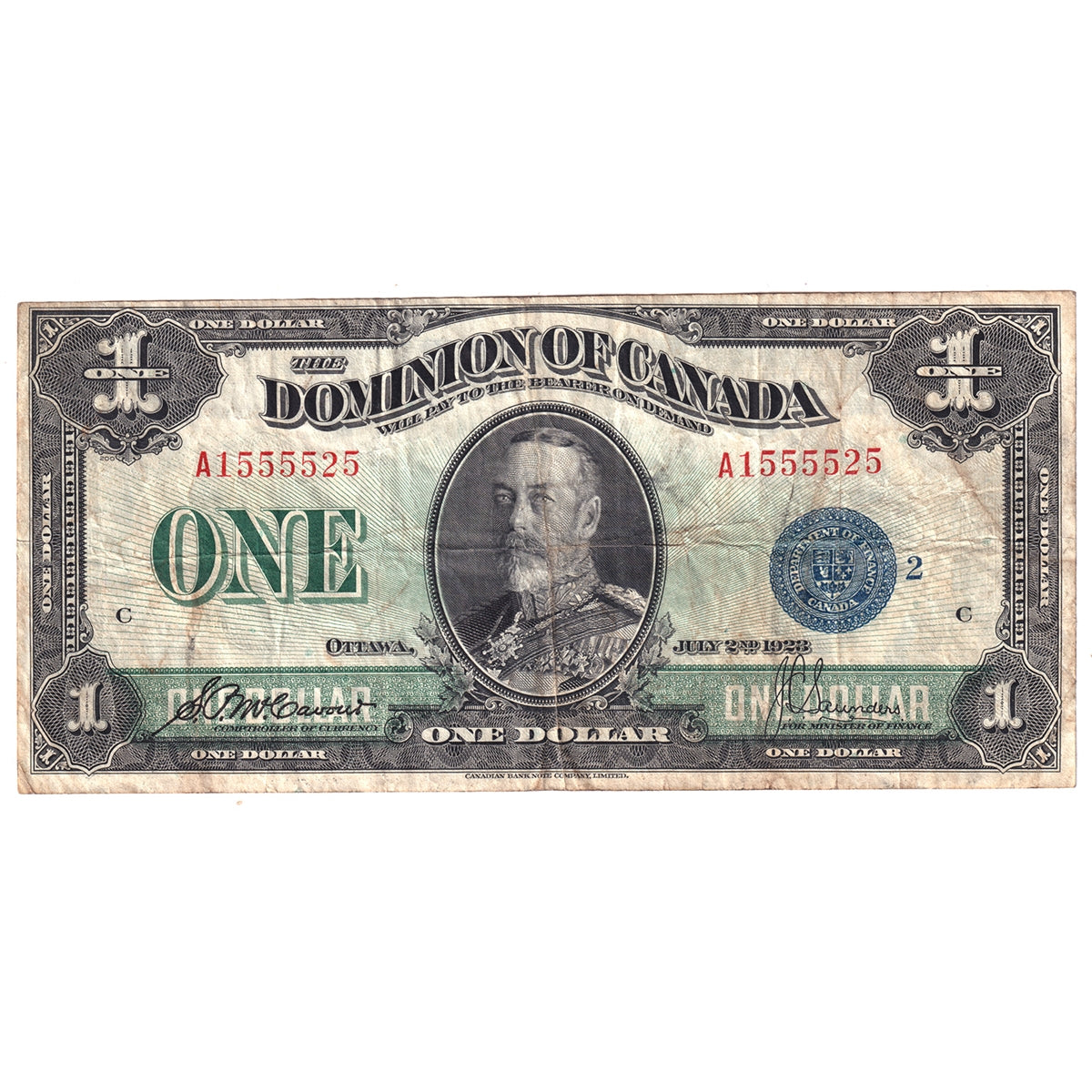 DC-25h 1923 Dominion $1 McCavour-Saunders, Blue Seal, Group Two, Series A, Very Fine (VF20)