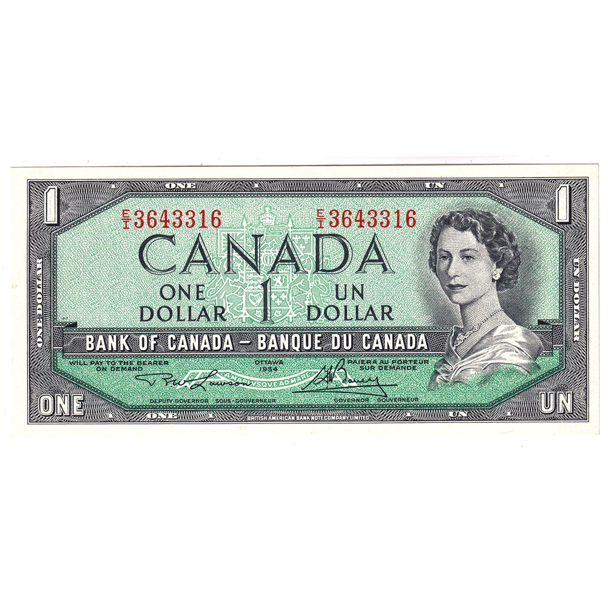 BC-37d 1954 Canada $1 Lawson-Bouey, E/I, Uncirculated (MS60)