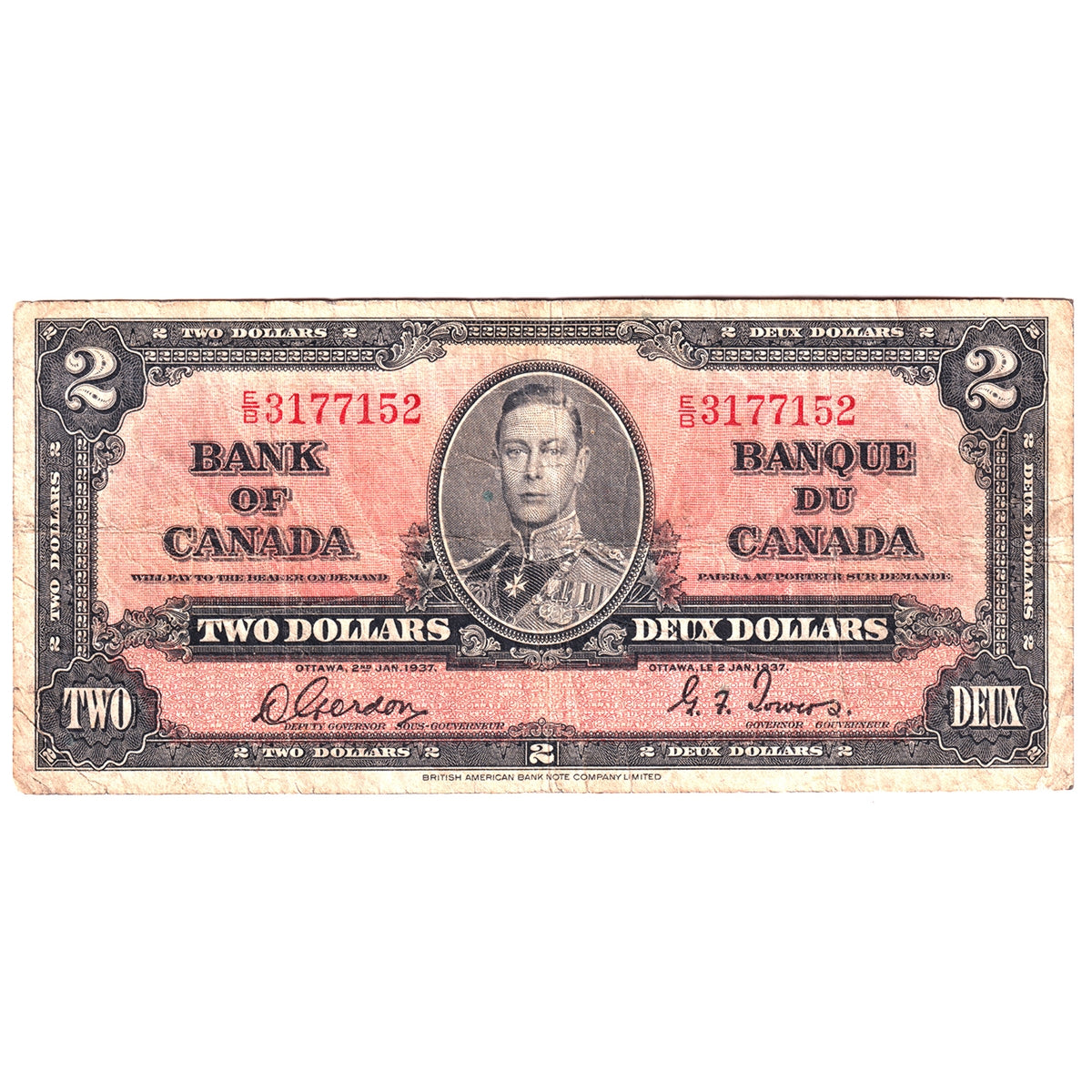 BC-22b 1937 Canada $2 Gordon-Towers, E/B, Fine (F12)