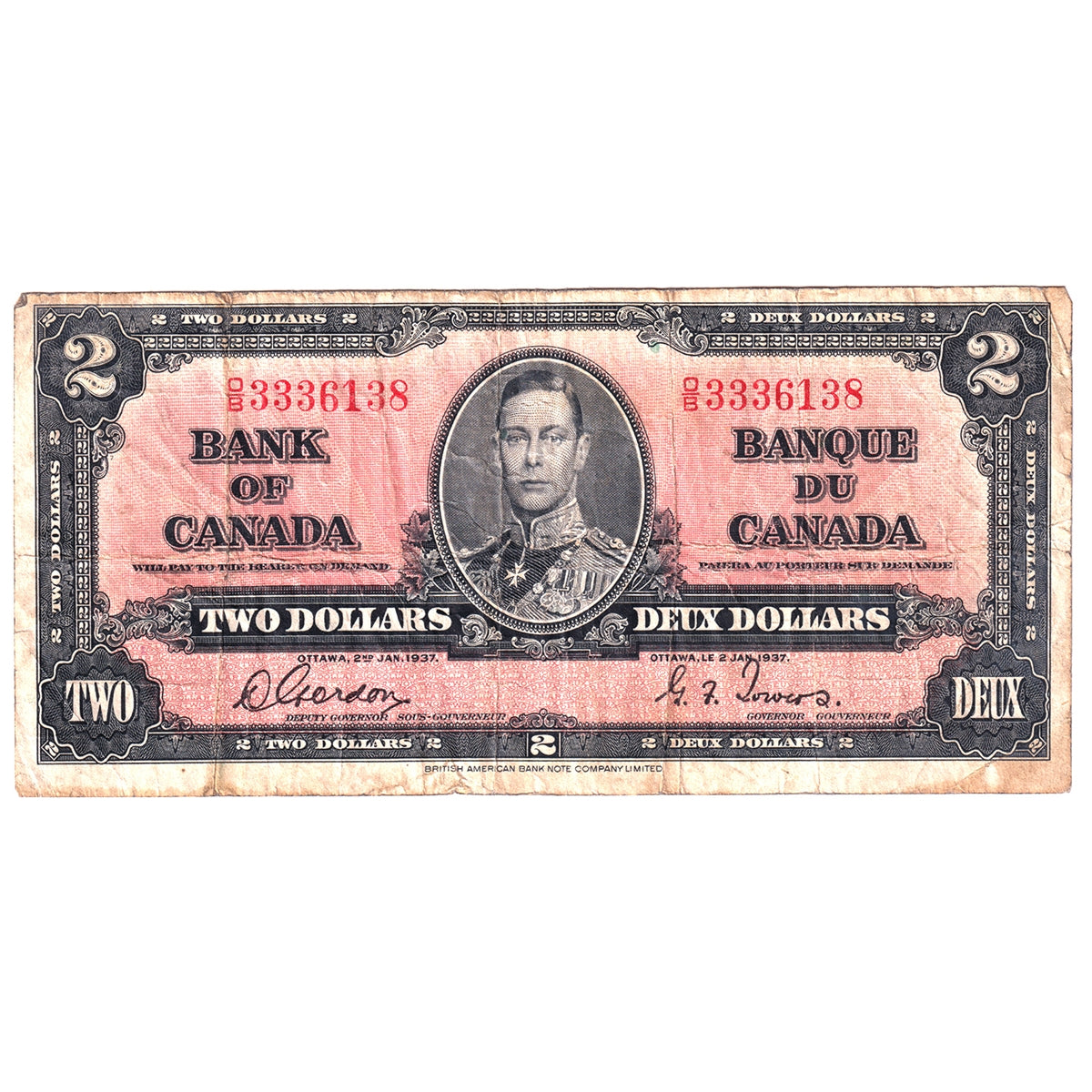 BC-22b 1937 Canada $2 Gordon-Towers, O/B, Fine (F12)