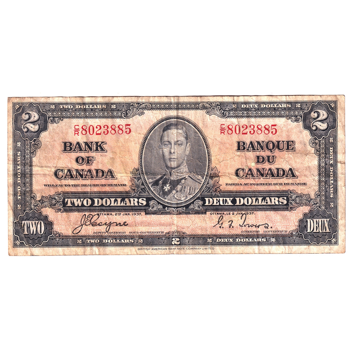 BC-22c 1937 Canada $2 Coyne-Towers, C/R, F-VF (F15)