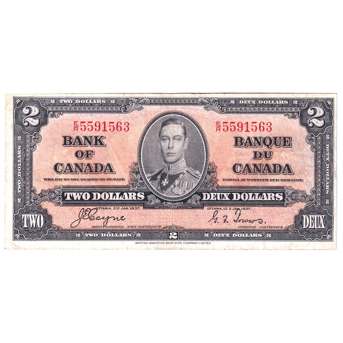 BC-22c 1937 Canada $2 Coyne-Towers, E/R, F-VF (F15)
