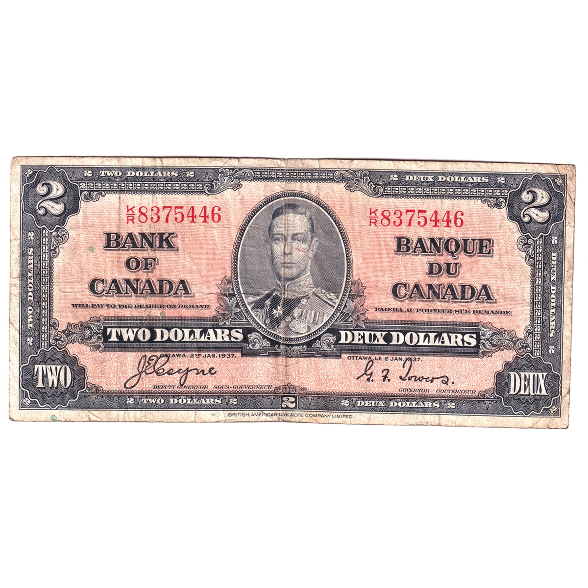 BC-22c 1937 Canada $2 Coyne-Towers, K/R, Circ