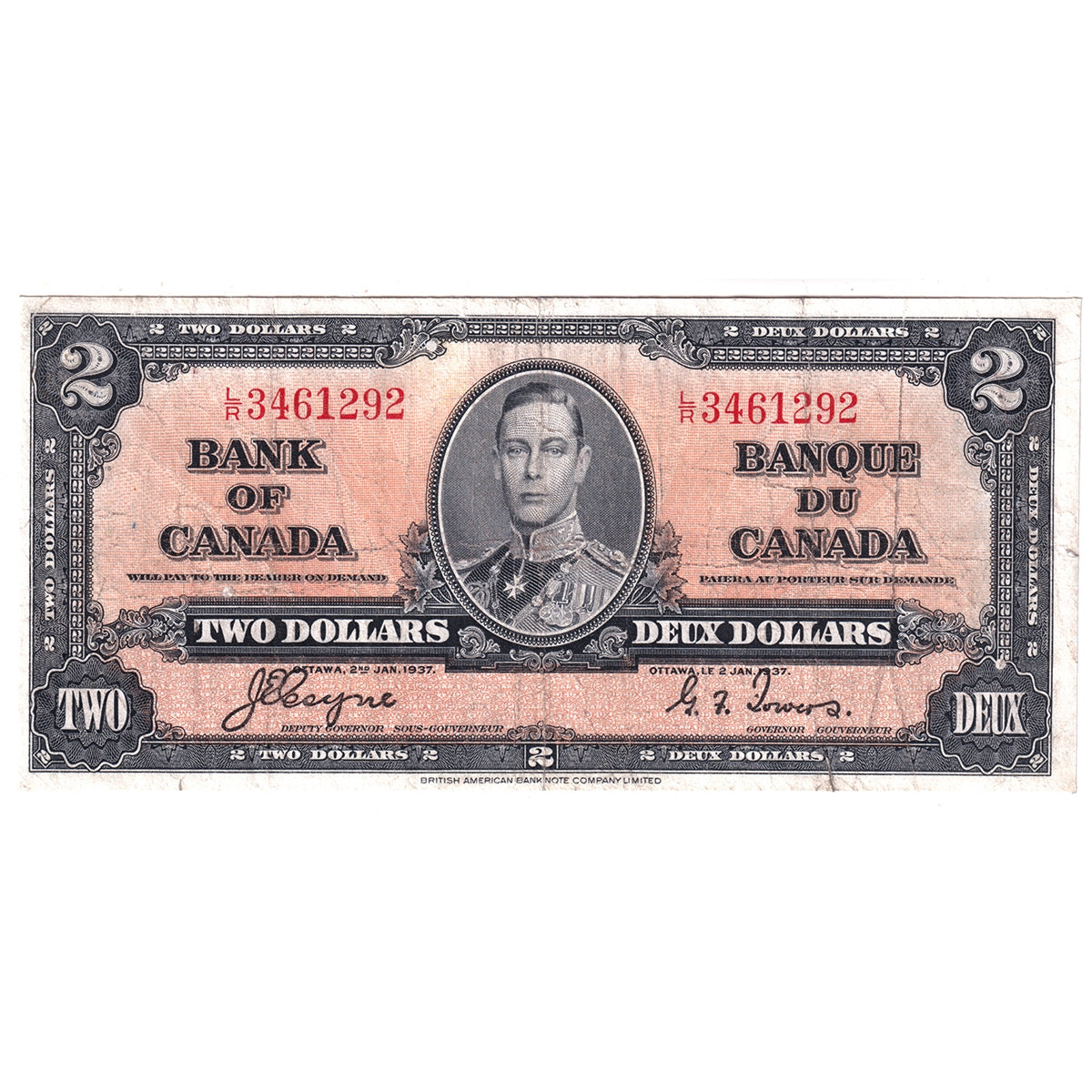 BC-22c 1937 Canada $2 Coyne-Towers, L/R, Circ
