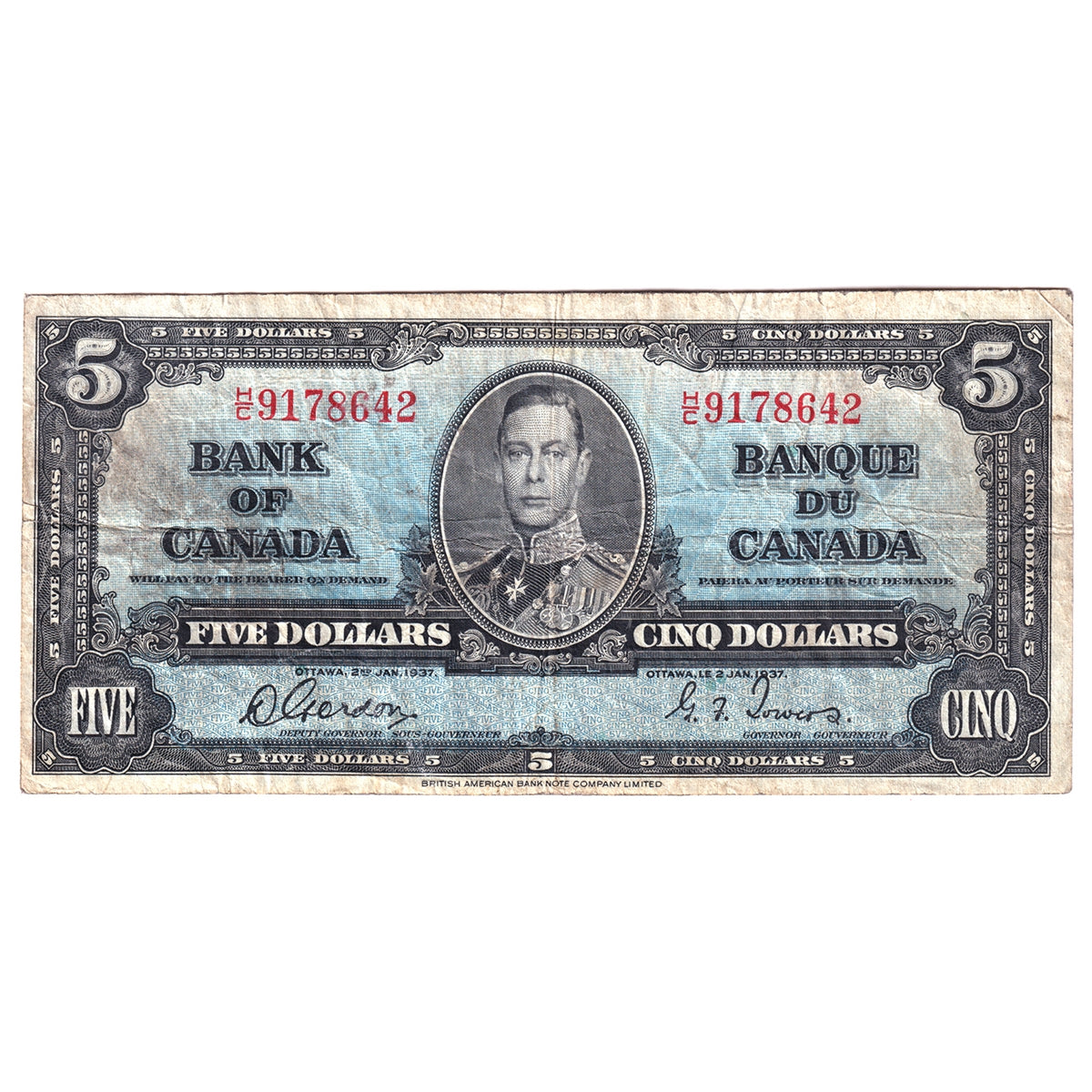 BC-23b 1937 Canada $5 Gordon-Towers, H/C, F-VF