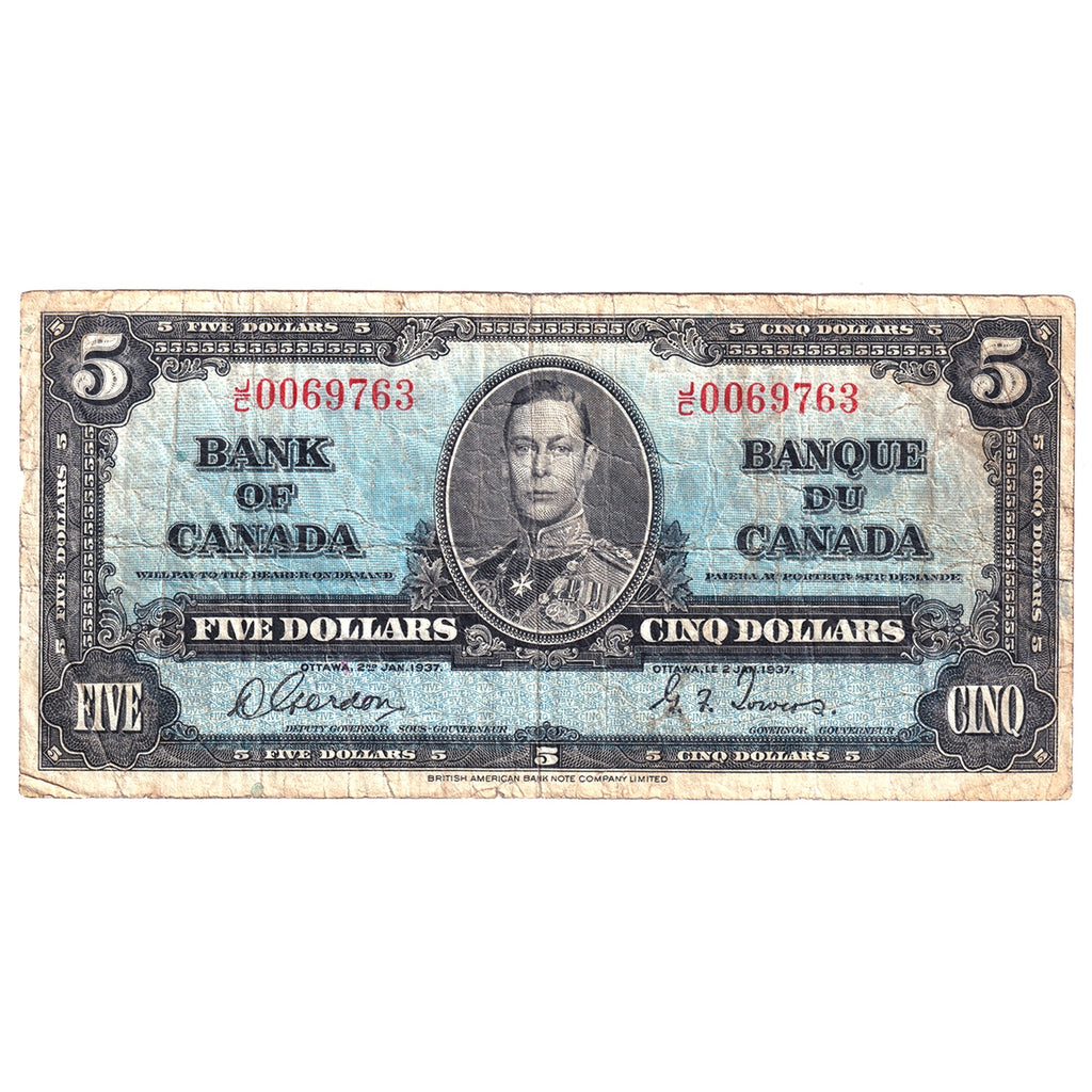 BC-23b 1937 Canada $5 Gordon-Towers, J/C, Very Good (VG8)