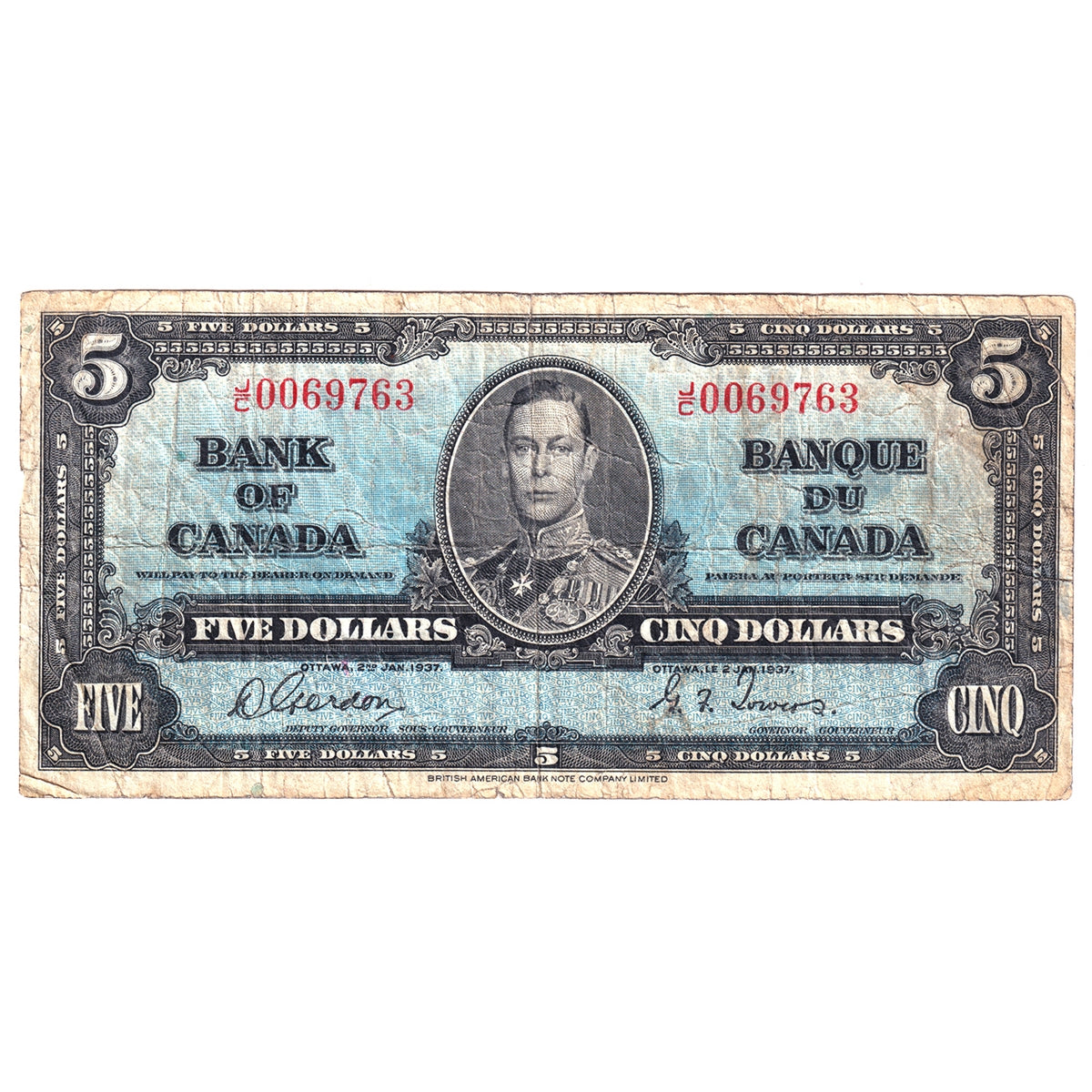 BC-23b 1937 Canada $5 Gordon-Towers, J/C, Very Good (VG8)