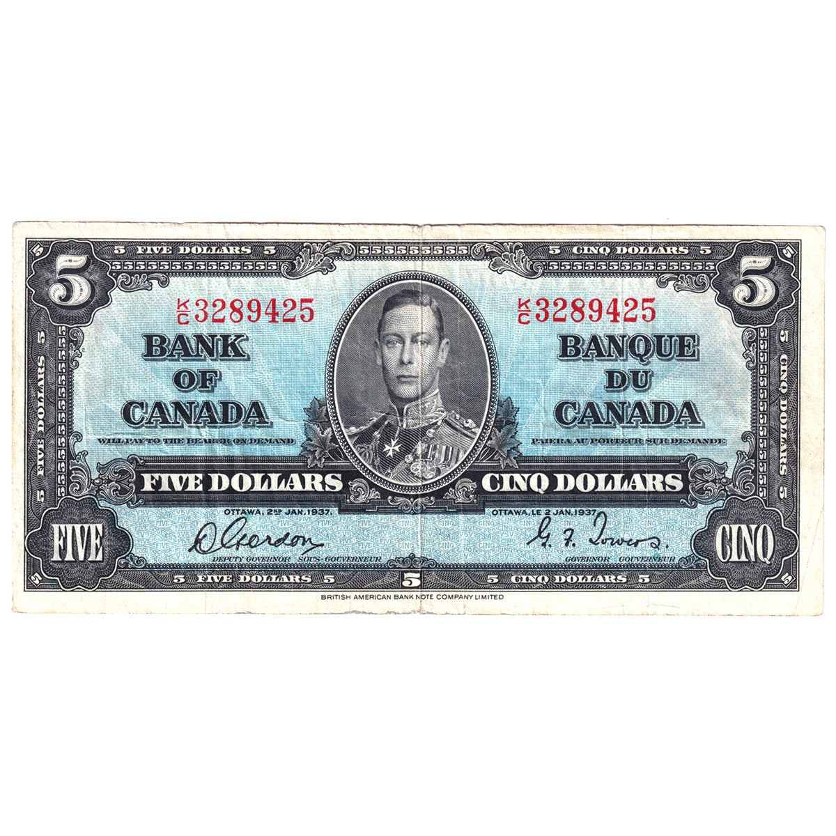 BC-23b 1937 Canada $5 Gordon-Towers, K/C, F-VF (F15)