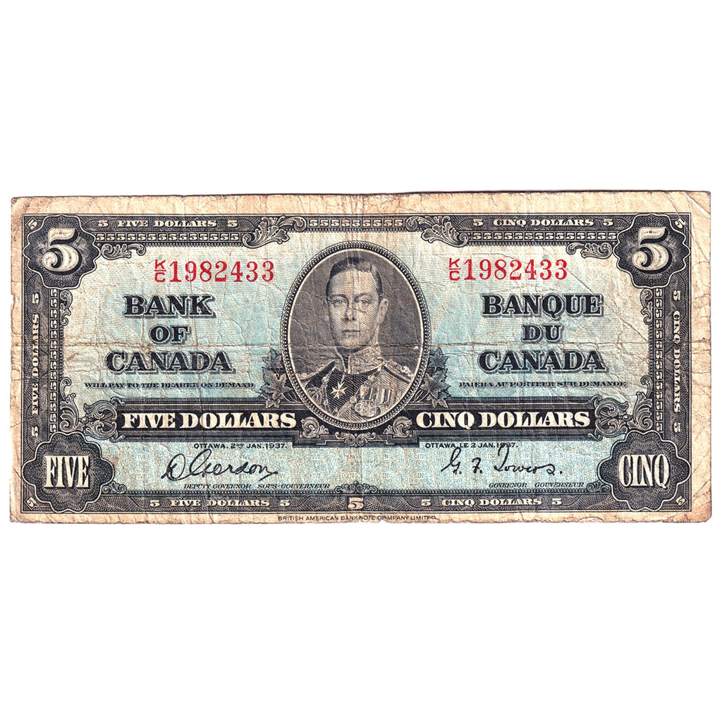 BC-23b 1937 Canada $5 Gordon-Towers, K/C, Circ