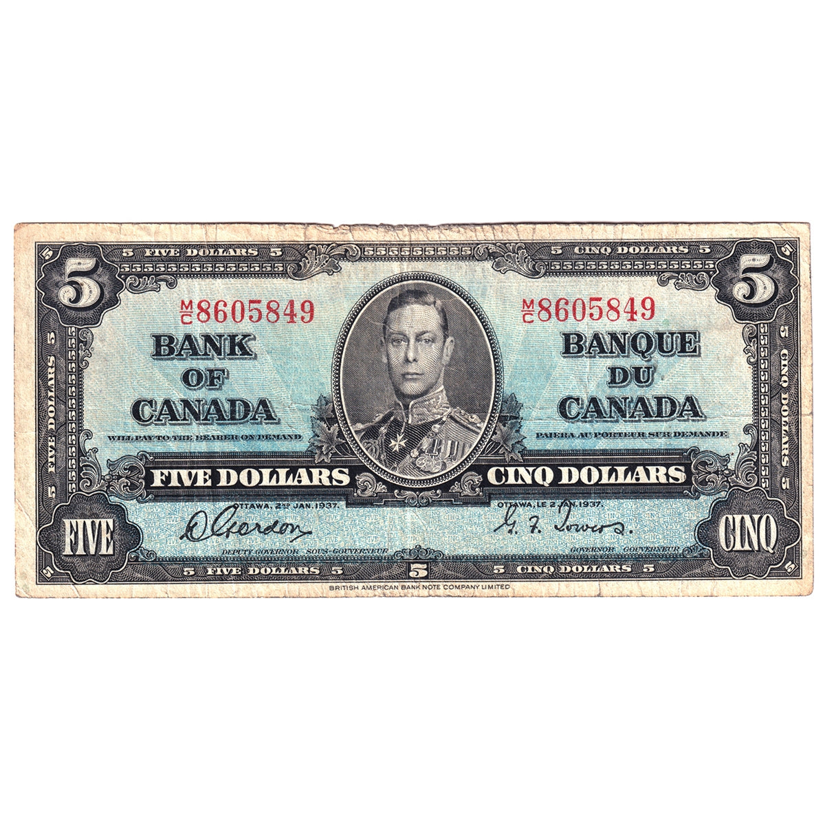 BC-23b 1937 Canada $5 Gordon-Towers, M/C, VG-F (VG10)