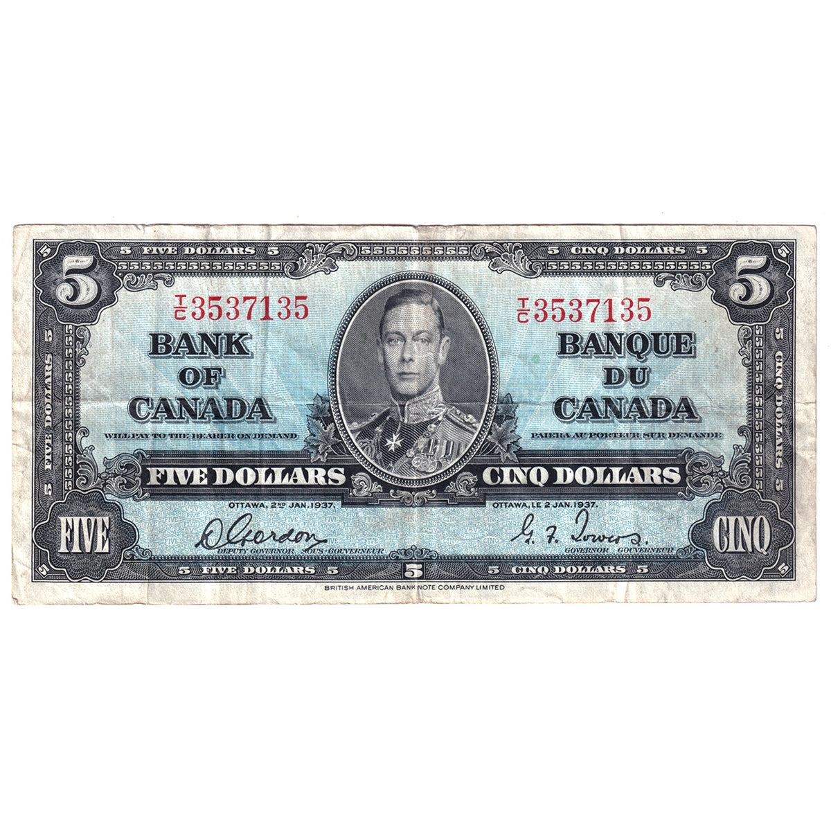 BC-23b 1937 Canada $5 Gordon-Towers, T/C, VF