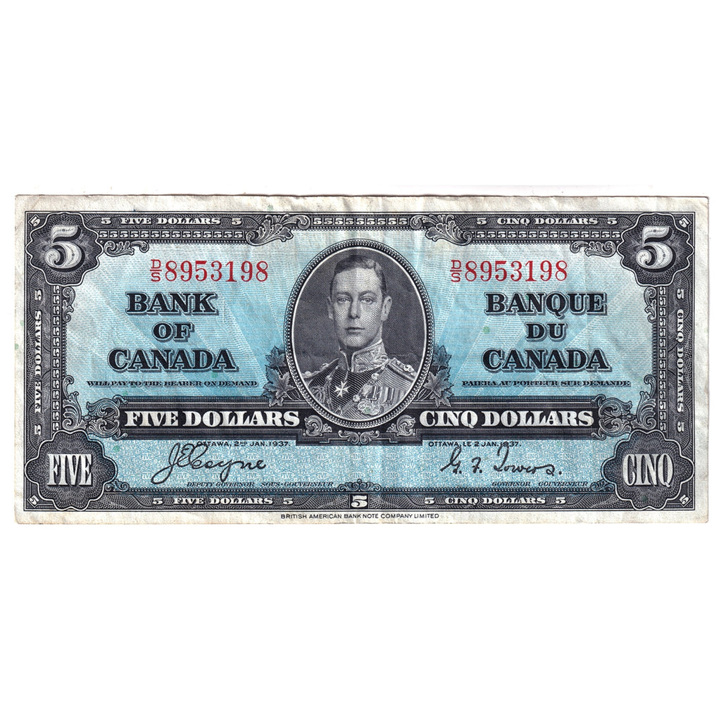 BC-23c 1937 Canada $5 Coyne-Towers, D/S, VF-EF (VF30)