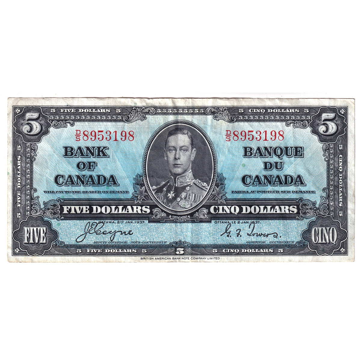 BC-23c 1937 Canada $5 Coyne-Towers, D/S, VF-EF (VF30)