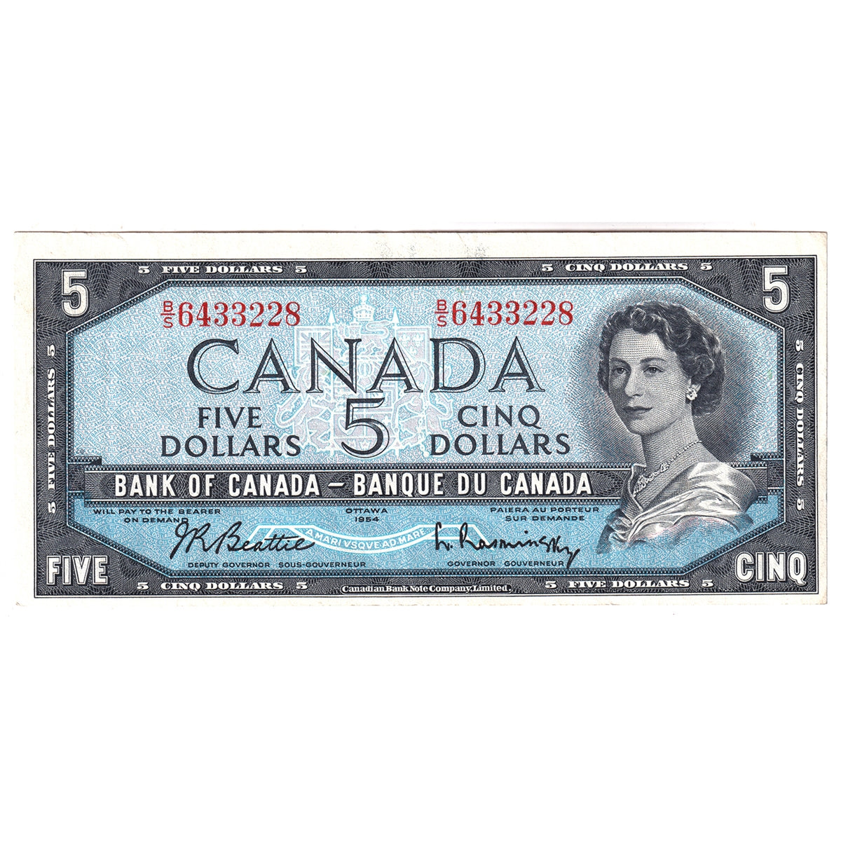 BC-39b 1954 Canada $5 Beattie-Rasminsky, B/S, VF-EF (VF30)