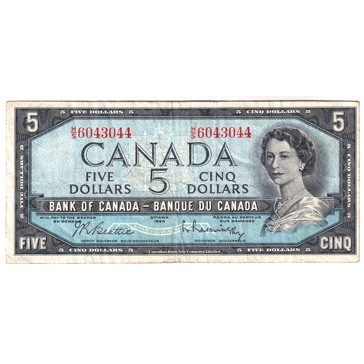 BC-39b 1954 Canada $5 Beattie-Rasminsky, H/S, F-VF (F15)