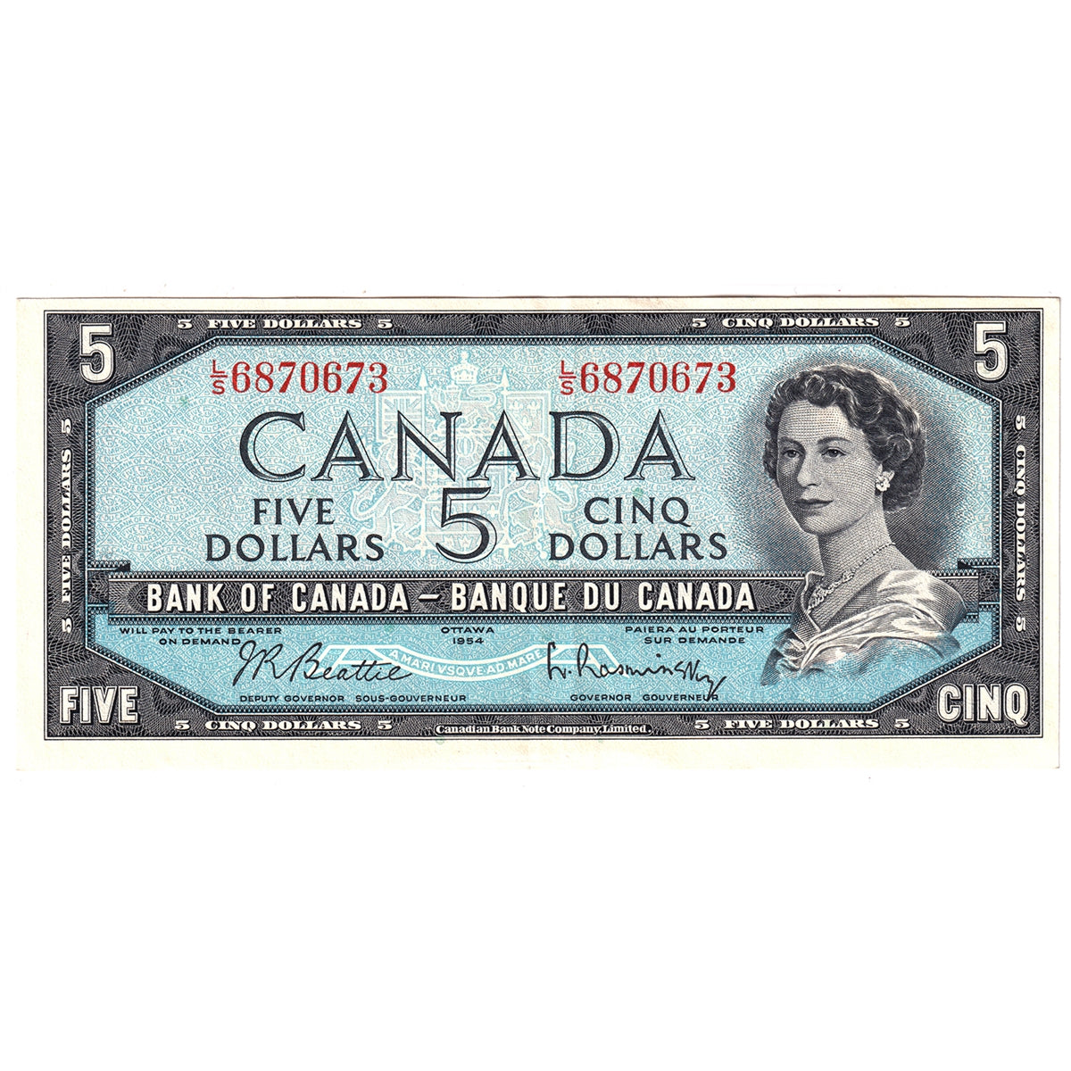 BC-39b 1954 Canada $5 Beattie-Rasminsky, L/S, EF-AU (EF45)