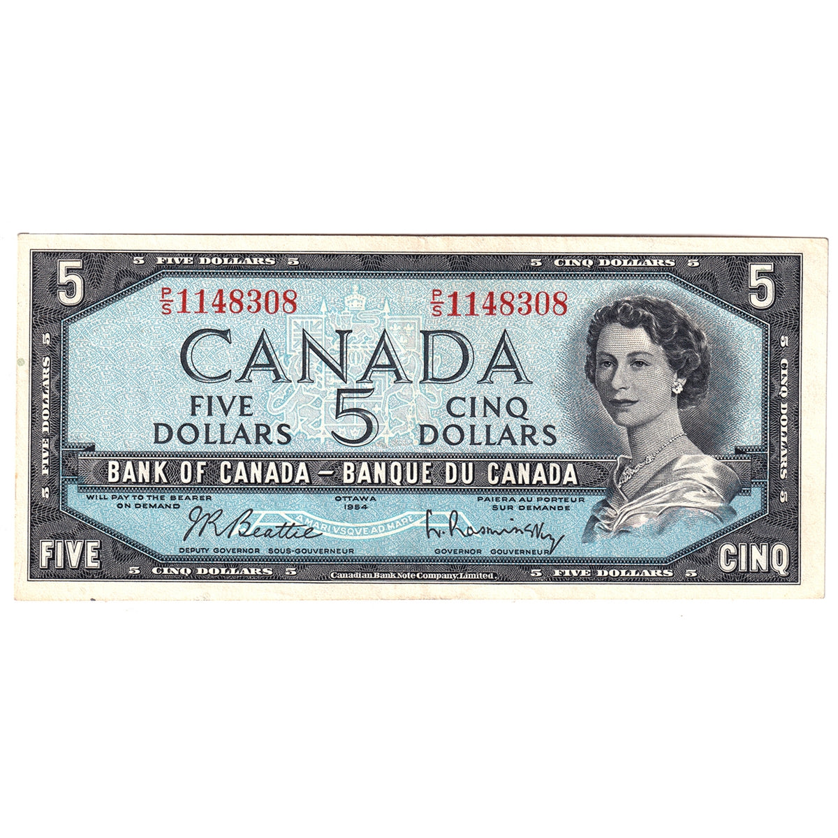 BC-39b 1954 Canada $5 Beattie-Rasminsky, P/S, EF-AU (EF45)