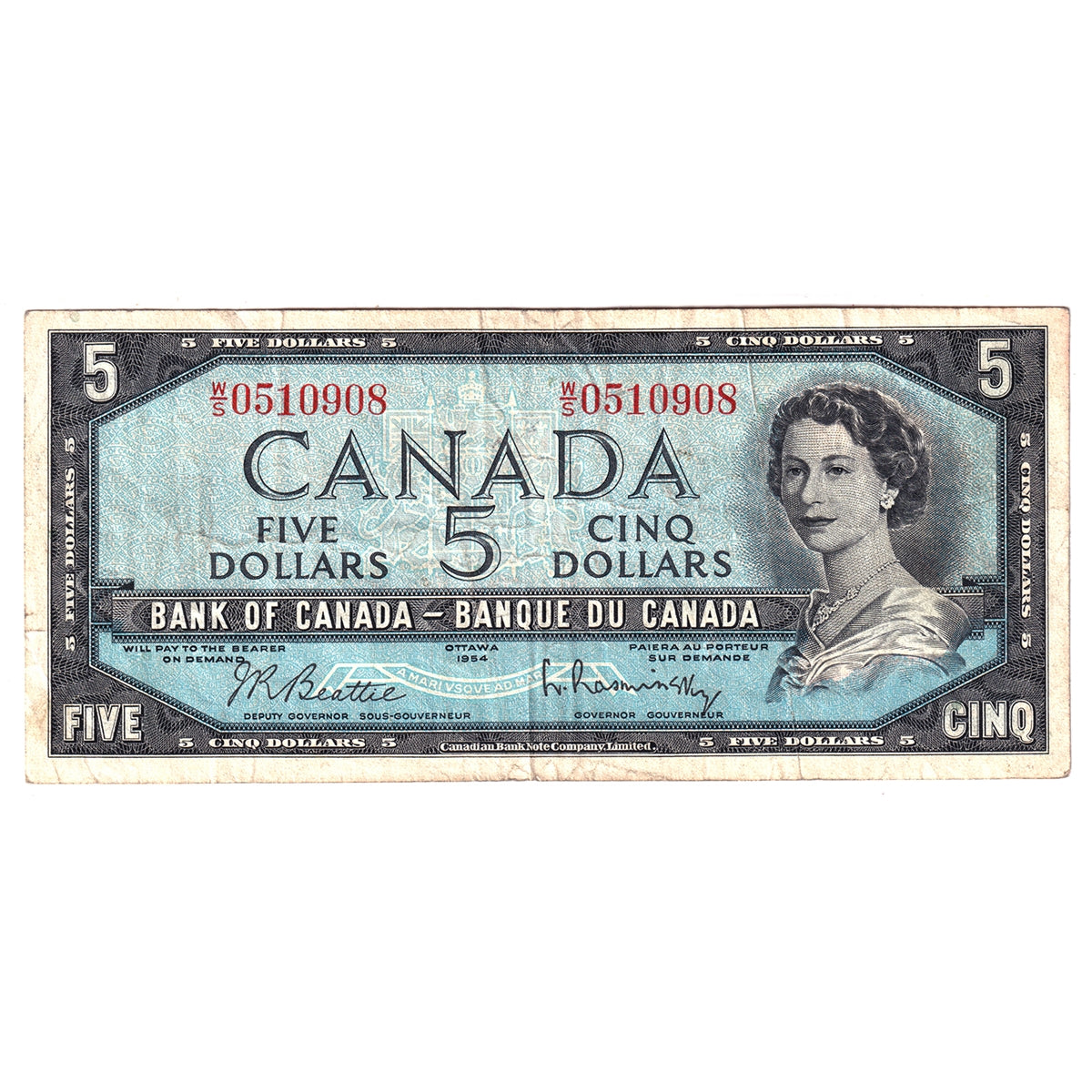 BC-39b 1954 Canada $5 Beattie-Rasminsky, W/S, F-VF (F15)