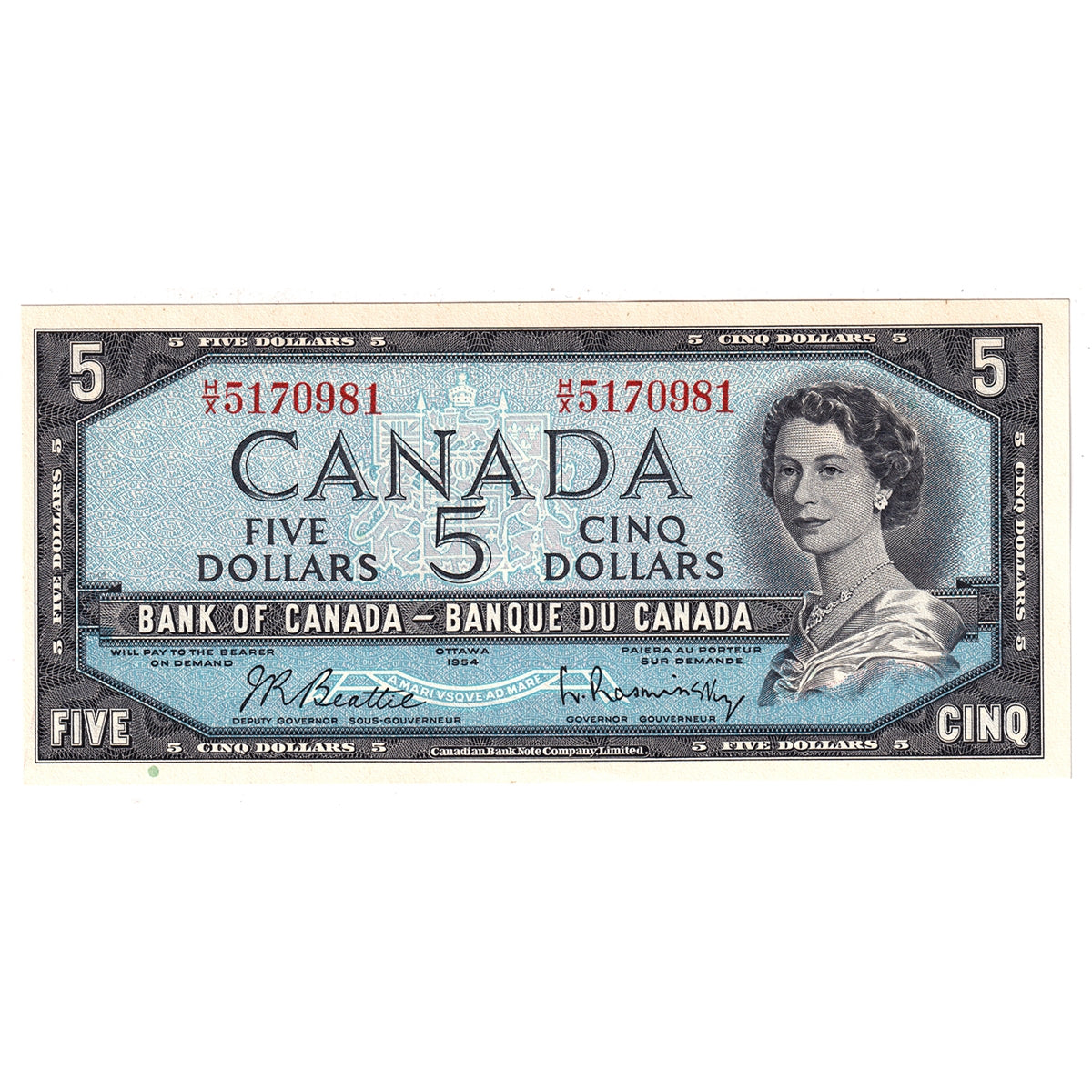 BC-39b 1954 Canada $5 Beattie-Rasminsky, H/X, Choice Uncirculated (CUNC63)