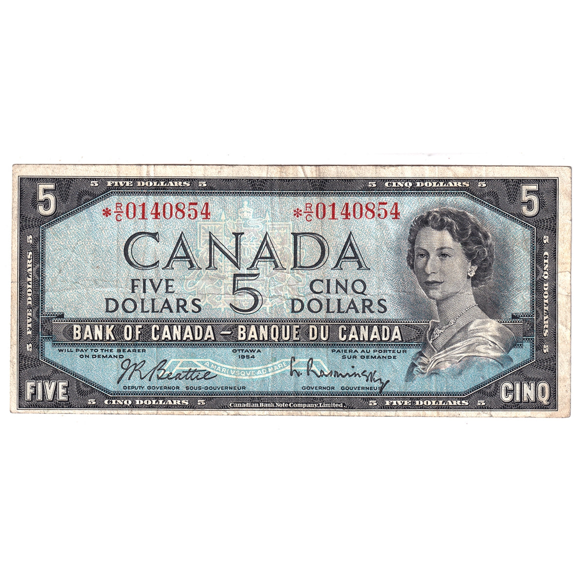 BC-39bA 1954 Canada $5 Beattie-Rasminsky, *R/C, F-VF (F15)