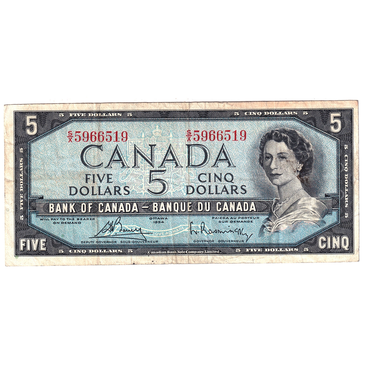 BC-39c 1954 Canada $5 Bouey-Rasminsky, S/X, F-VF (F15)